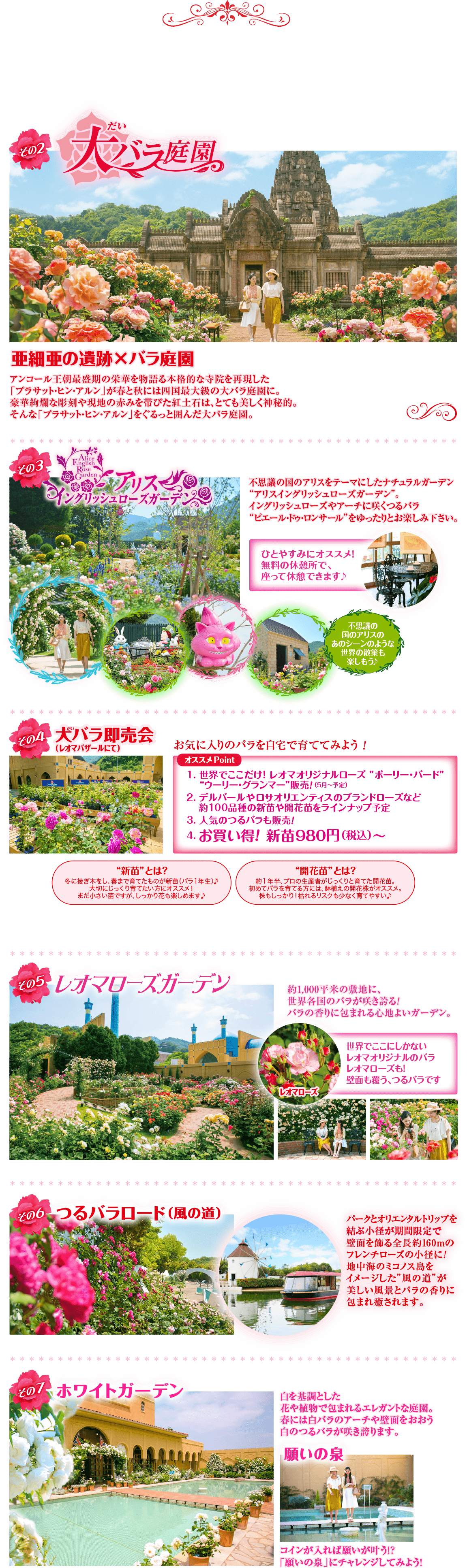 その2 大バラ庭園｜アンコール王朝最盛期の栄華を物語る本格的な寺院を再現した「プラサット・ヒン・アルン」が春と秋には四国最大級の大バラ庭園に。豪華絢爛な彫刻や現地の赤みを帯びた紅土石は、とても美しく神秘的。そんな「プラサット・ヒン・アルン」をぐるっと囲んだ大バラ庭園。　その3 アリスイングリッシュローズガーデン｜不思議の国のアリスをテーマにしたナチュラルガーデン“アリスイングリッシュローズガーデン”。イングリッシュローズやアーチに咲くつるバラ“ピエール・ドゥ・ロンサール”をゆったりとお楽しみ下さい。　その4 大バラ即売会（レオマバザールにて）｜お気に入りのバラを自宅で育ててみよう！　その5 レオマローズガーデン｜約1,000平米の敷地に、世界各国のバラが咲き誇る!バラの香りに包まれる心地よいガーデン。　その6 つるバラロード（風の道）｜パークとオリエンタルトリップを結ぶ小径が期間限定で壁面を飾る全長約160mのフレンチローズの小径に!地中海のミコノス島をイメージした”風の道”が美しい風景とバラの香りに包まれ癒されます。